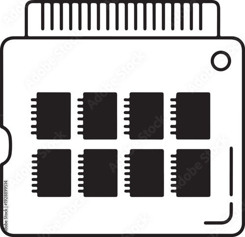 Electronic memory card icon with black square chips and metal pins for data storage hardware used in computers and digital devices on white