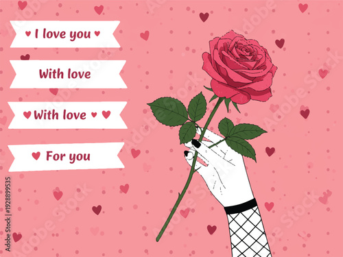 Hand holding pink rose with green leaves and white ribbons on pink background with hearts