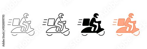 Set of minimalist delivery scooter icons with transparent background, depicting fast courier service, e-commerce shipping, and express transport, vector illustration
