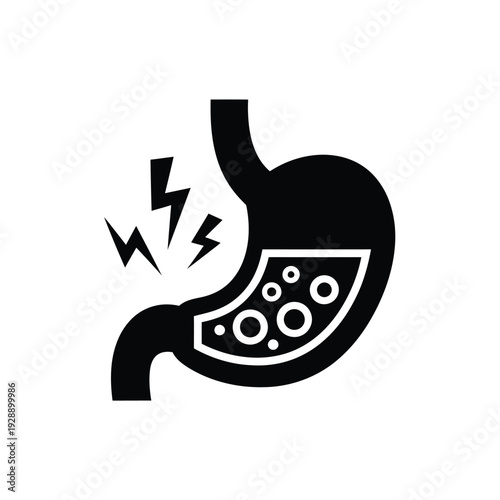 Vector illustration icon black icon of a stomach with pain and discomfort