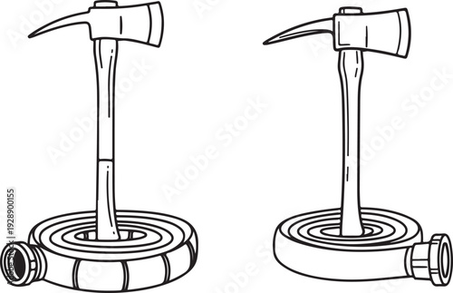 Firefighter axe and coiled fire hose set in line art style for emergency services branding and safety equipment illustrations for rescue work