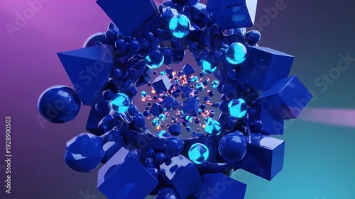 Abstract 3D composition with glowing orbs, prisms, and light trails against a gradient background