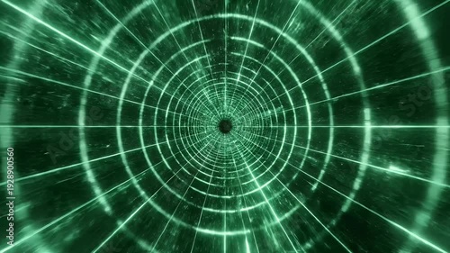 A green tunnel of light streaks converging inward, creating a vortex-like visual effect