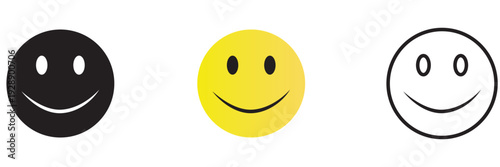 Simple Set of Smiley Face Emoji Icons. Three different smiley face icons in black, yellow and outline styles, representing happiness, positivity and simple emoji design.