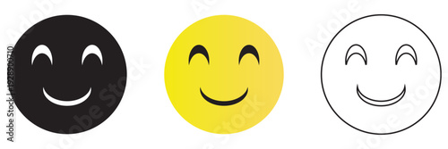 Simple Set of Smiley Face Emoji Icons. Three different smiley face icons in black, yellow and outline styles, representing happiness, positivity and simple emoji design.