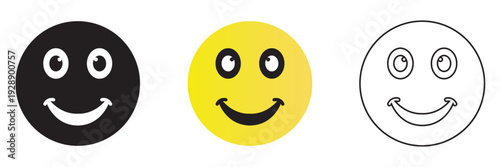 Simple Set of Smiley Face Emoji Icons. Three different smiley face icons in black, yellow and outline styles, representing happiness, positivity and simple emoji design.