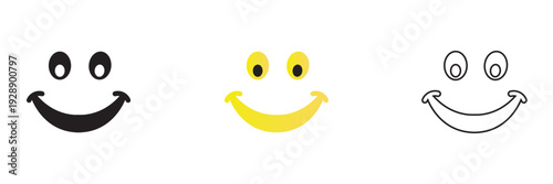 Simple Set of Smiley Face Emoji Icons. Three different smiley face icons in black, yellow and outline styles, representing happiness, positivity and simple emoji design.