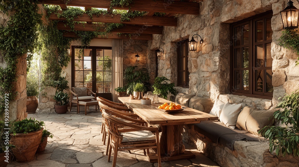 Fototapeta premium Rustic kitchen table with a candle, dried floral arrangement, and ceramic dishes in soft morning sunlight, cozy and welcoming mood, photorealistic.