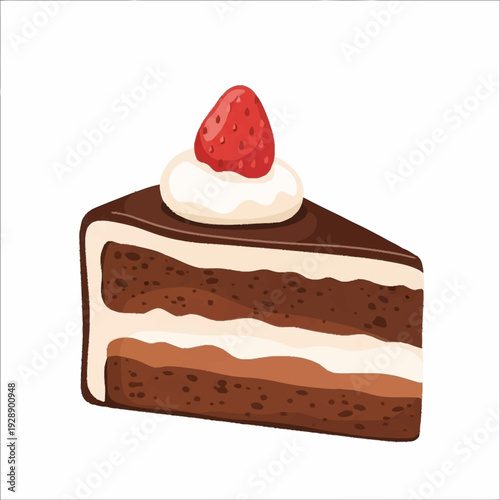 A delicious slice of chocolate cake topped with whipped cream and a fresh strawberry.