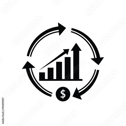 Tableau sur toile Vector illustration icon black icon of a bar graph with upward trend and dollar