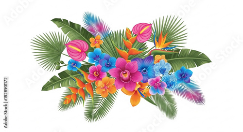 Vibrant tropical floral arrangement with pink orange and blue flowers green leaves on white background