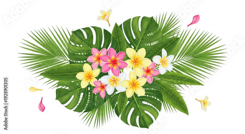 Tropical floral arrangement with pink yellow and white plumeria flowers green palm leaves and scattered petals on white background