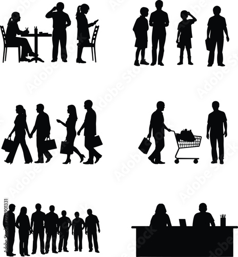 Vector illustration of everyday social activities including dining, shopping, waiting in line, customer service, and children interacting in silhouette style
