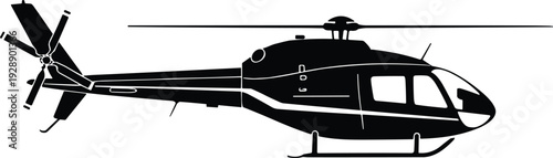 Vector illustration of helicopter silhouette with streamlined body, main rotor, tail rotor, landing skids, and cockpit windows in black design