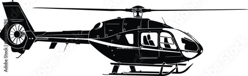 Vector illustration of modern helicopter silhouette with streamlined fuselage, main rotor, enclosed tail rotor, and landing skids in black design