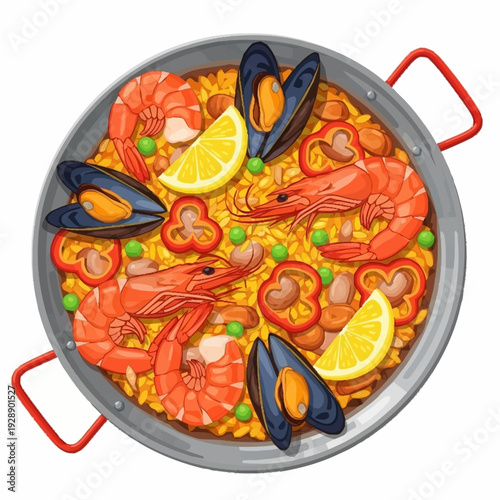 A vibrant, top-down illustration of a traditional Spanish seafood paella dish served in a large, round pan with handles, garnished with lemon, shrimp, and mussels.