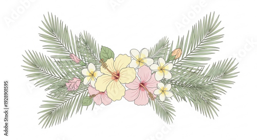 Tropical floral arrangement with pink yellow flowers and green palm leaves on white background decorative border