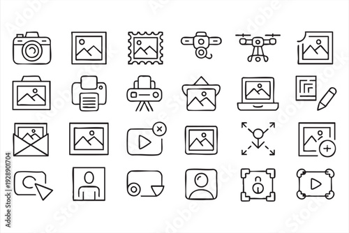 Minimal line art photography icons for image editing and content management