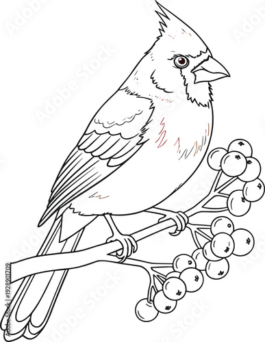 Vector illustration of stylized cardinal perched on branch with berries symbolizing wildlife, culture, tradition, and education