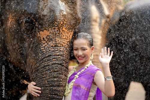 Fotografija Closeup Portrait of Beautiful Thai girl in the Thai traditional dress acting smile and waving hello with Asian elephant in the Thailand Songkran water festival outdoors