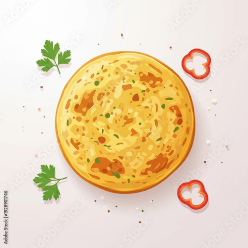 Overhead view of a golden flatbread garnished with fresh parsley and red bell pepper slices on a light background.