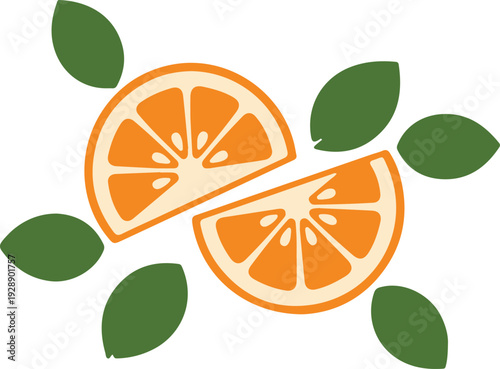 Orange fruit slices with green leaves illustrating fresh citrus juice and vitamin c for healthy lifestyle and beverage product packaging vector