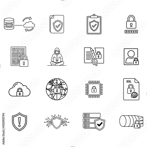 Collection of black and white outline icons representing essential concepts related to cybersecurity data protection network safety protocols encryption digital privacy and system defense mechanisms