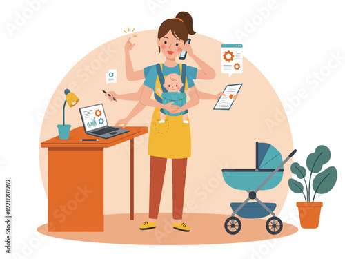 Multitasking mom working from home with baby on her hip and stroller next to her  managing work and family life