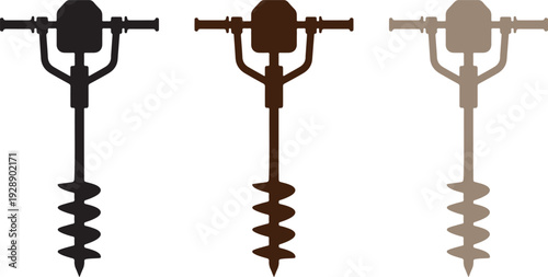 Set of three earth auger icons in different colors representing drilling tools for gardening construction and ground fence post hole digging