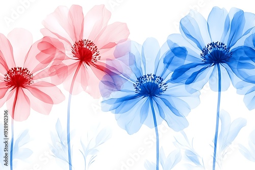 Delicate Floral Art with Soft Red and Blue Flowers Against a White Background