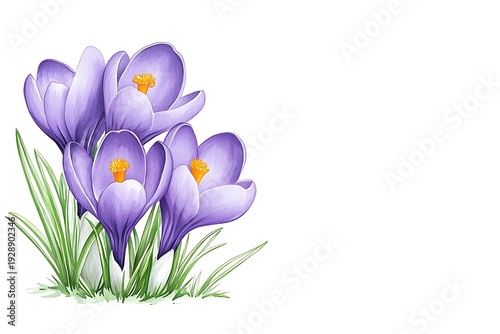Beautiful Purple Crocus Flowers Blooming in Springtime Against a White Background