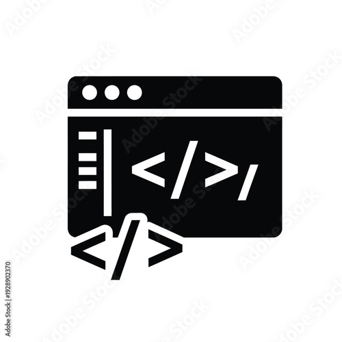 Vector illustration icon black icon of a coding window with code symbols