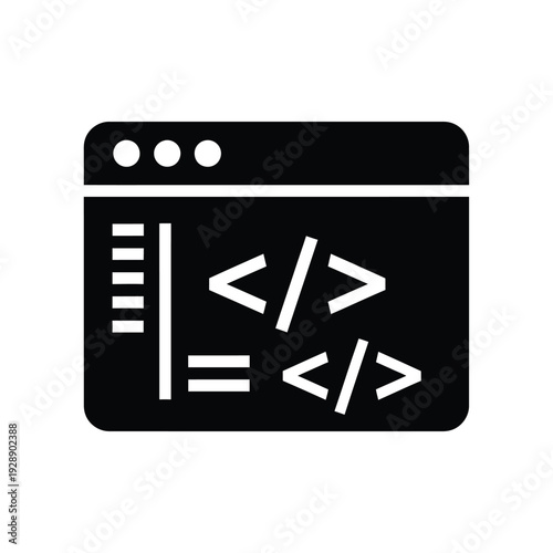 Vector illustration icon black icon representing a web page with code symbols
