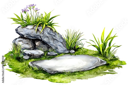 Tranquil Garden Scene with Stones, Green Grass, and Purple Flowers in Watercolor Style
