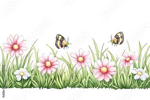 Colorful butterflies and flowers in a vibrant garden illustration with green grass