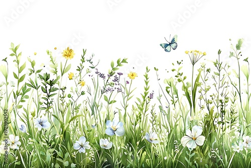 Vibrant Wildflower Garden with Butterflies and Greenery on a Bright White Background