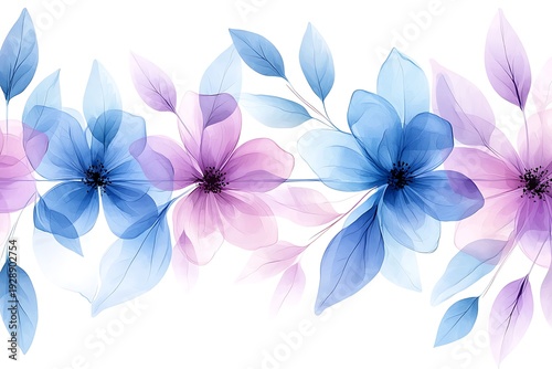 Delicate Floral Design with Blue and Pink Transparent Flowers and Lush Green Leaves
