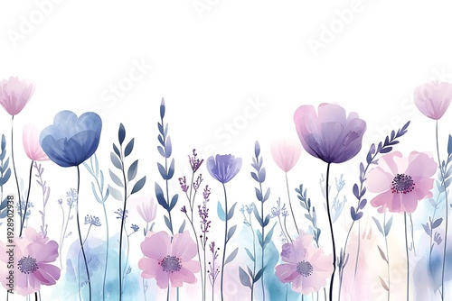 Colorful Floral Background with Delicate Flowers and Greenery in Soft Watercolor Style
