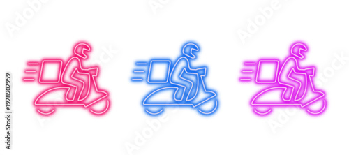 Neon glowing delivery scooter vector icons set, fast, courier, service, food, package, transportation, vibrant, digital, design, illustration on transparent background.