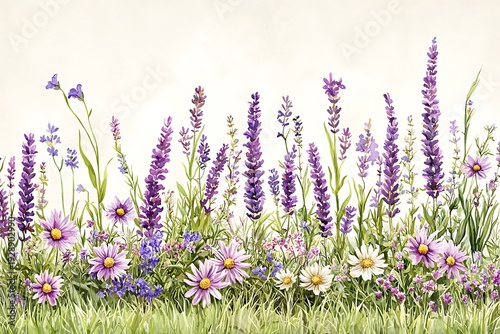 Vibrant Floral Bouquet of Wildflowers in Purple, Pink and White on Soft Background
