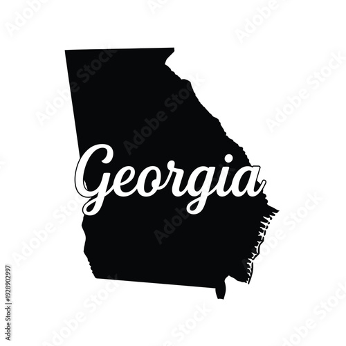 Vector illustration icon black silhouette of the state of georgia with the name georgia written in white cursive font