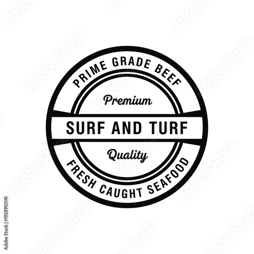 Vector illustration icon black and white surf and turf logo with premium quality seafood and beef