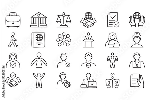 Justice and corporate governance line icons for professional applications