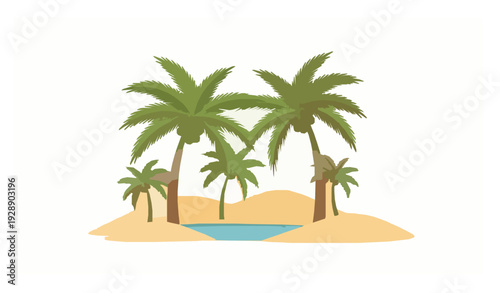 Tropical desert oasis with date palm trees flat vector background isolated on white