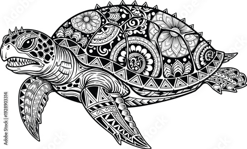 Vector illustration of stylized sea turtle with decorative shell patterns symbolizing marine wildlife, culture, tradition, and education