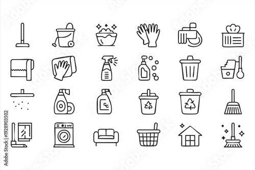 Minimal cleaning line icons for sanitation and household maintenance apps