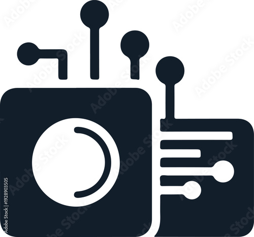 Digital camera lens and data transfer icon for technology and photography concept