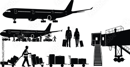 Airport ground handling and passenger silhouettes set, airplanes, crew workers, boarding stairs, luggage carts, aviation travel transportation vector illustration collection
