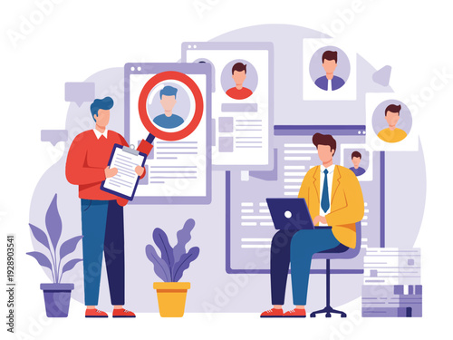 Two businessmen reviewing resumes and profiles on devices with plants around them in office