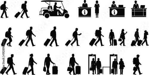 Airport passenger silhouettes collection, travelers with luggage, information desk staff, security gate, golf cart transport, aviation travel vector illustration set